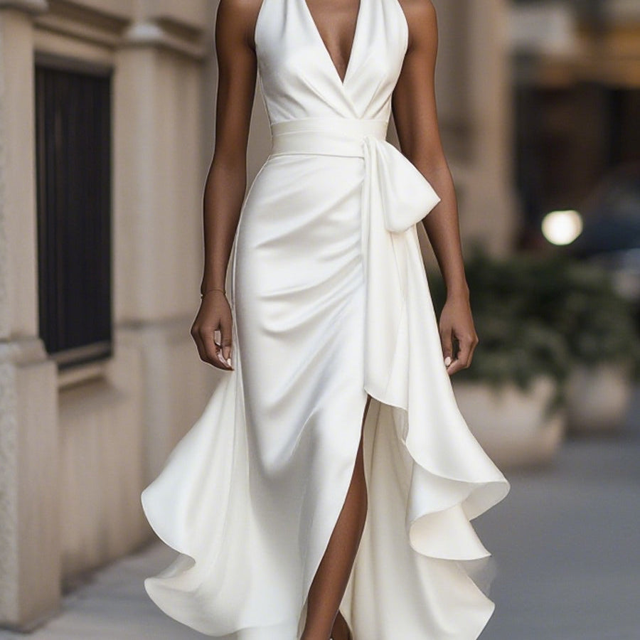 Robe maxi portefeuille blanche à bas asymétrique portée