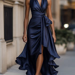 Robe maxi portefeuille bleu marine portée