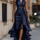 Robe maxi portefeuille bleu marine portée