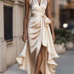 Robe maxi portefeuille champagne portée