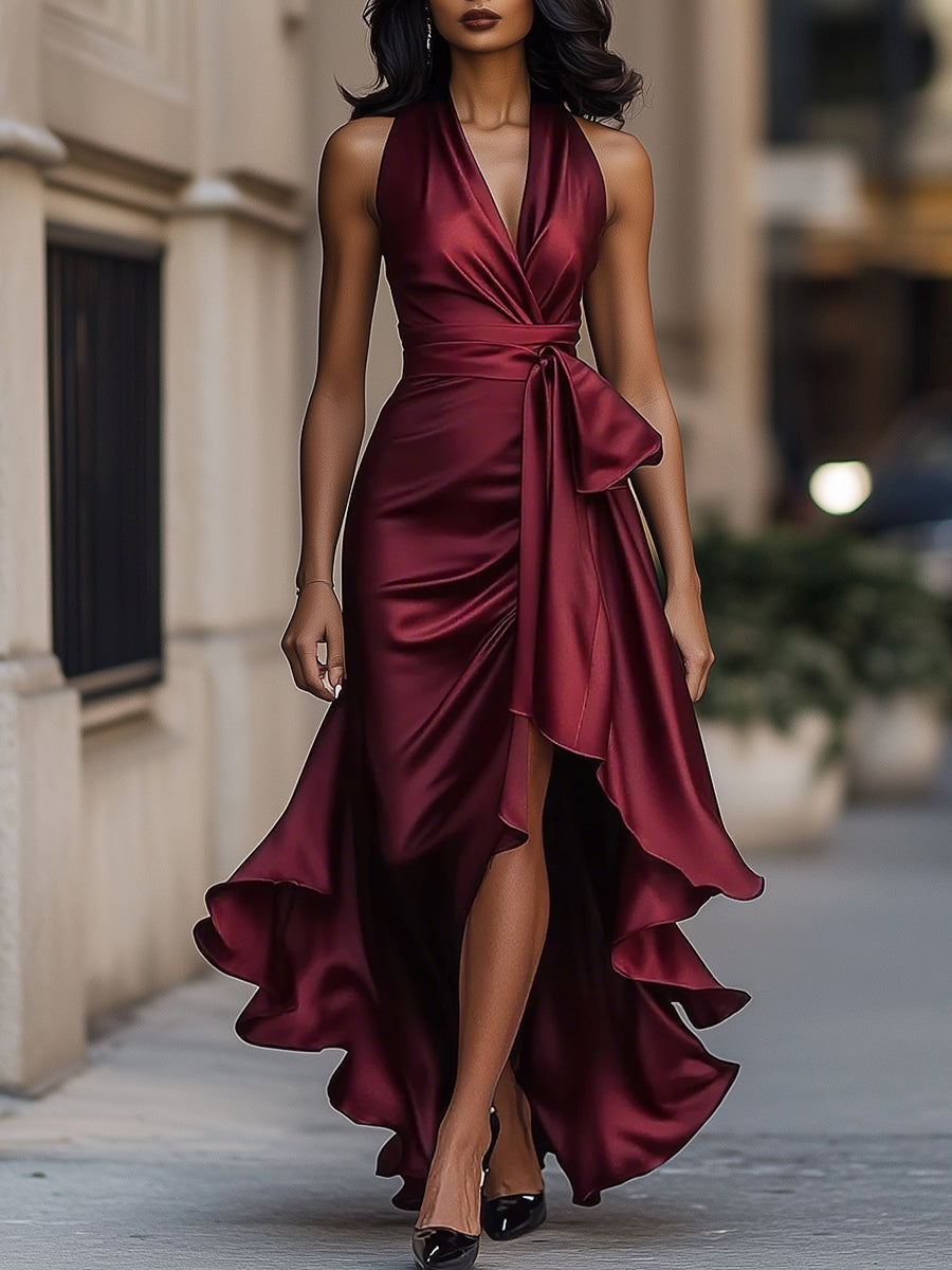 Robe maxi portefeuille bordeaux portée