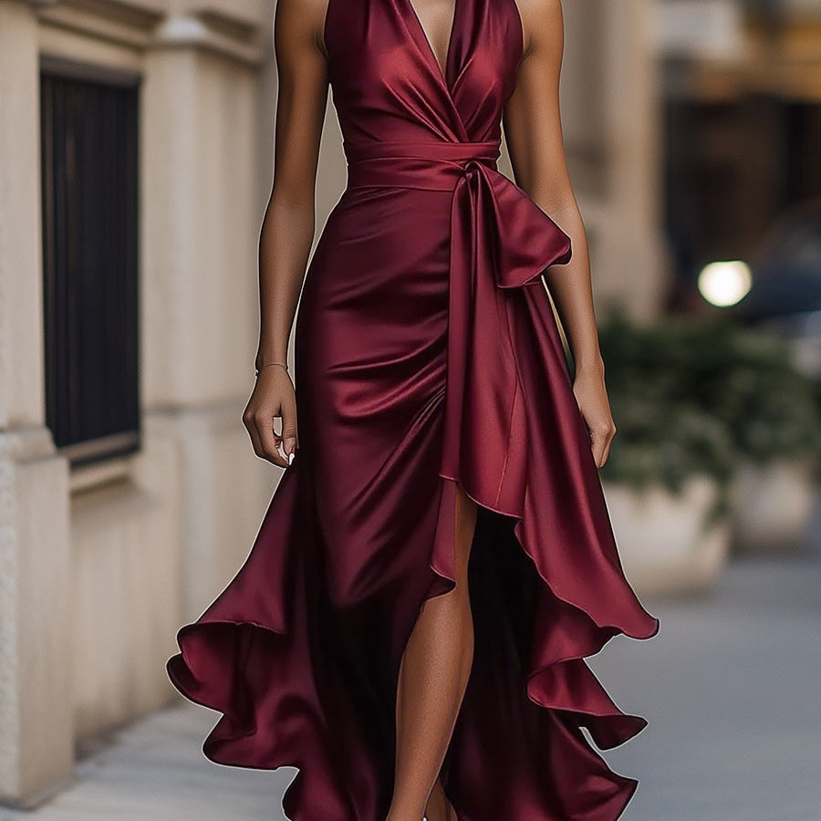 Robe maxi portefeuille bordeaux portée