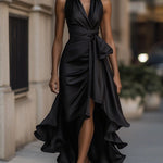 Robe maxi portefeuille noire à bas asymétrique portée