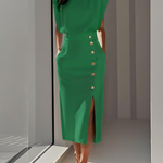 Robe midi crayon verte à boutons décoratifs
