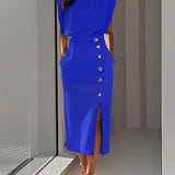 Robe midi crayon bleue à boutons et fente devant