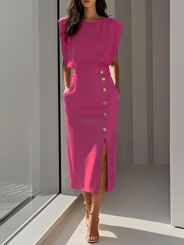 Robe midi crayon rose soutenu à boutons décoratifs