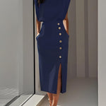 Robe midi crayon bleu marine à boutons et fente