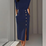 Robe midi crayon bleu marine à boutons et fente