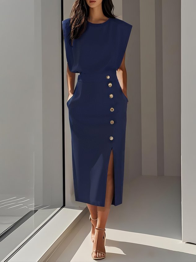 Robe midi crayon bleu marine à boutons et fente