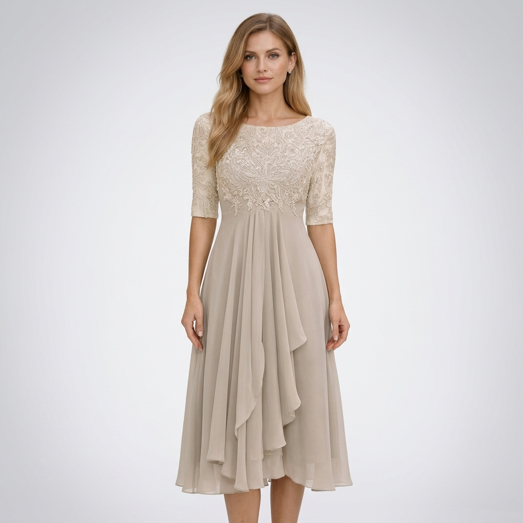 Robe midi beige à haut en dentelle