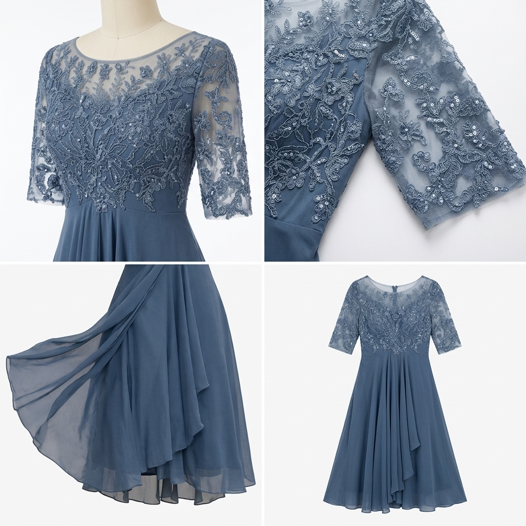 Détails de la dentelle, des manches et de la jupe de la robe bleue