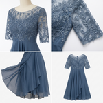 Détails de la dentelle, des manches et de la jupe de la robe bleue