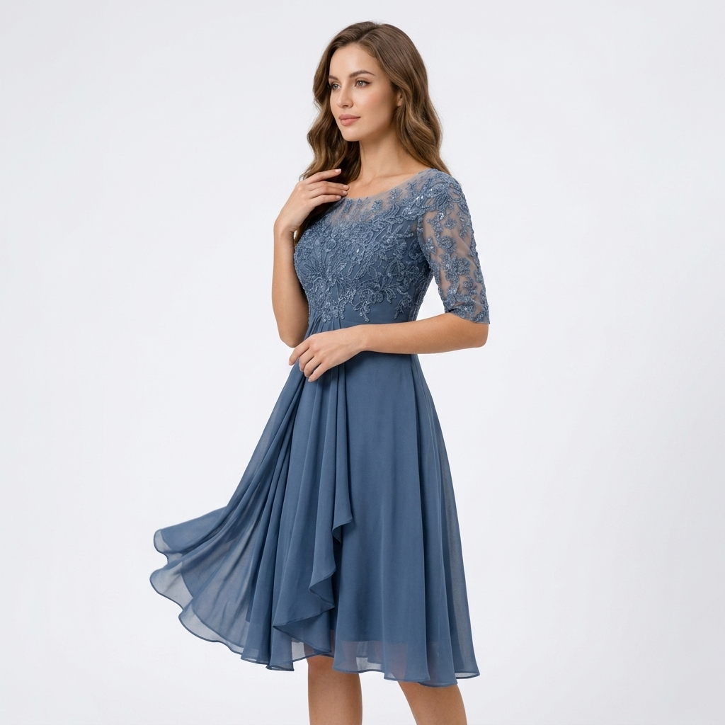Robe midi bleue à haut en dentelle et manches 3/4