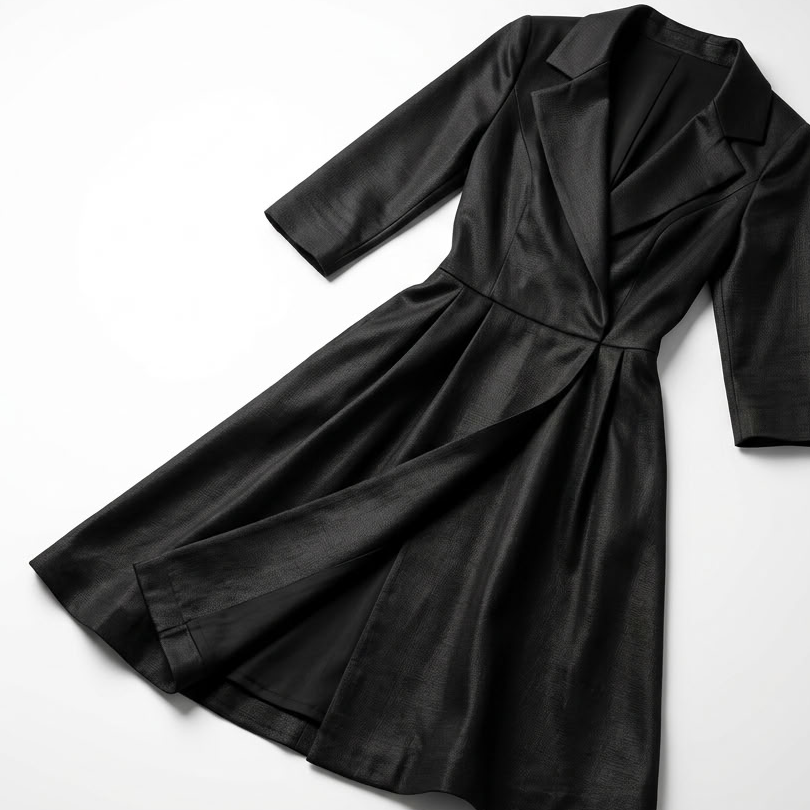Robe midi portefeuille noire présentée à plat