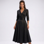 Robe midi portefeuille noire à manches 3/4