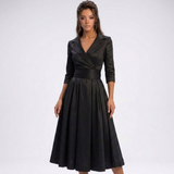Robe midi portefeuille noire à manches 3/4