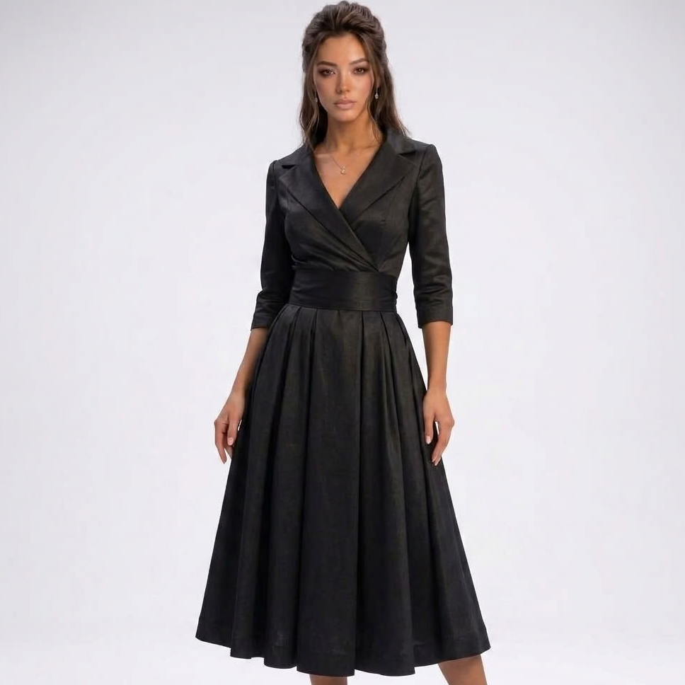 Robe midi portefeuille noire à manches 3/4