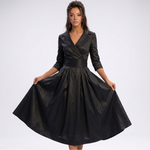 Robe midi portefeuille noire à col revers et jupe évasée