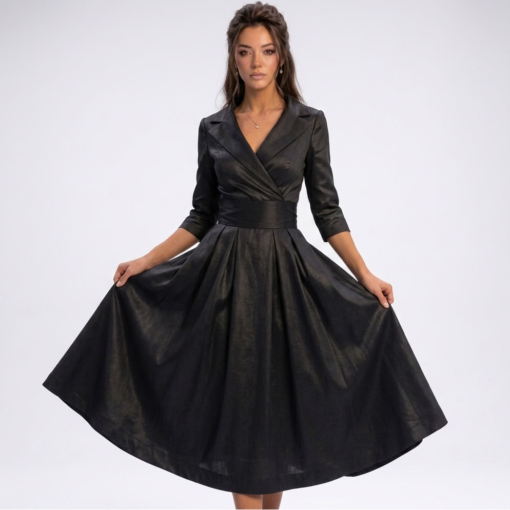 Robe midi portefeuille noire à col revers et jupe évasée
