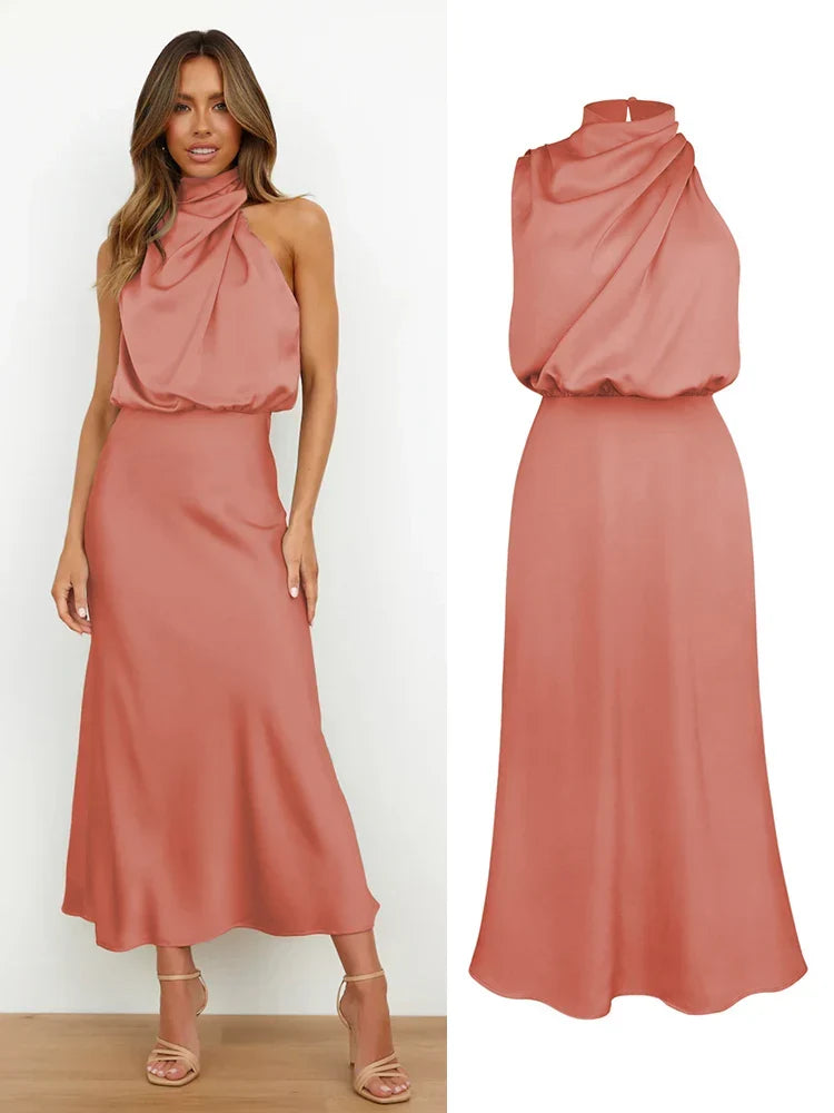 Robe midi satinée pêche portée et présentée à plat