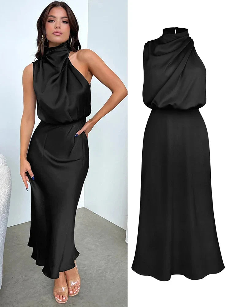 Robe midi satinée noire portée et présentée à plat