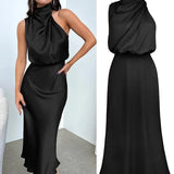 Robe midi satinée noire portée et présentée à plat