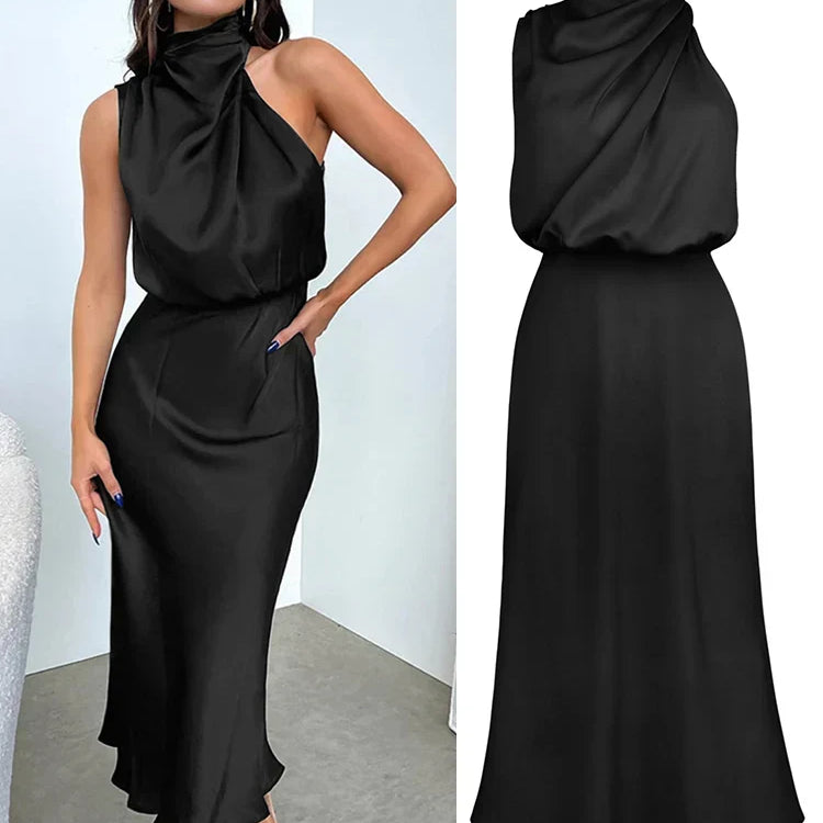 Robe midi satinée noire portée et présentée à plat