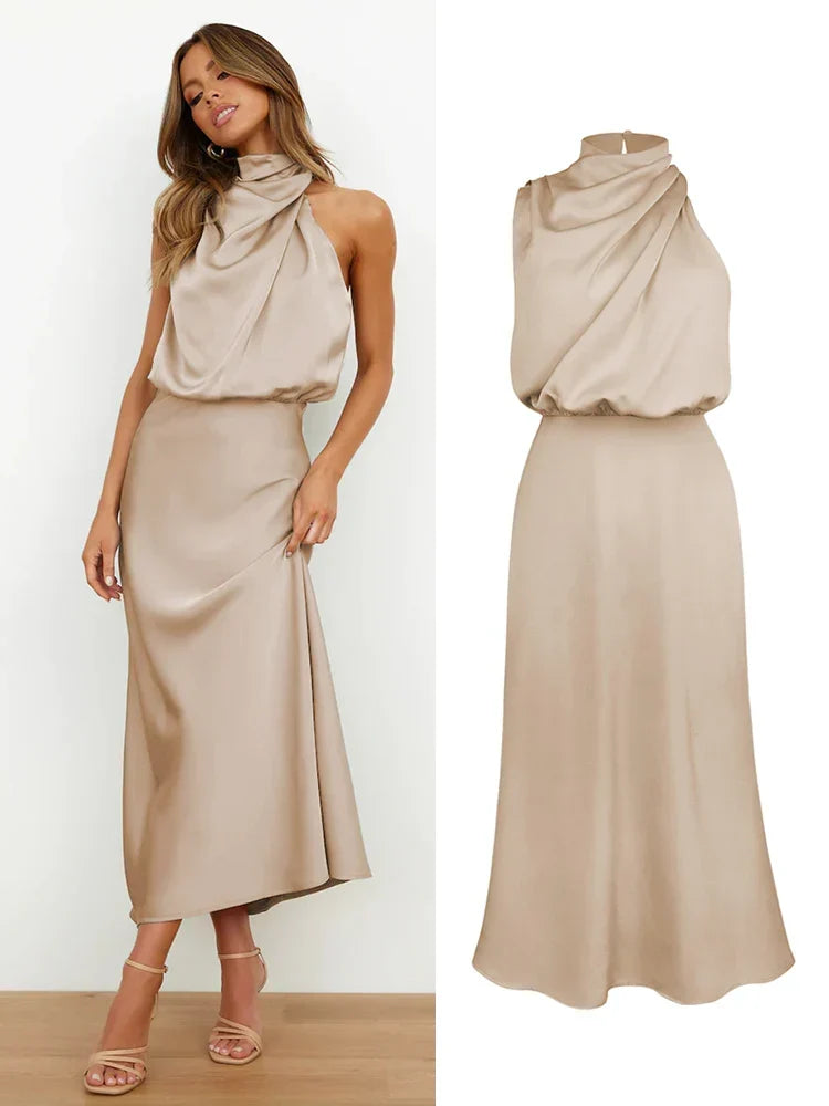Robe midi satinée beige portée et présentée à plat