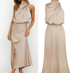 Robe midi satinée beige portée et présentée à plat