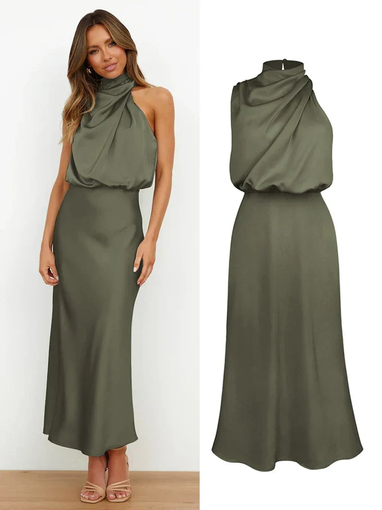 Robe midi satinée vert kaki portée et présentée à plat