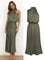 Robe midi satinée vert kaki portée et présentée à plat