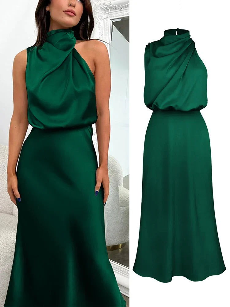 Robe midi satinée vert foncé portée et présentée à plat