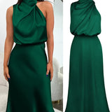 Robe midi satinée vert foncé portée et présentée à plat