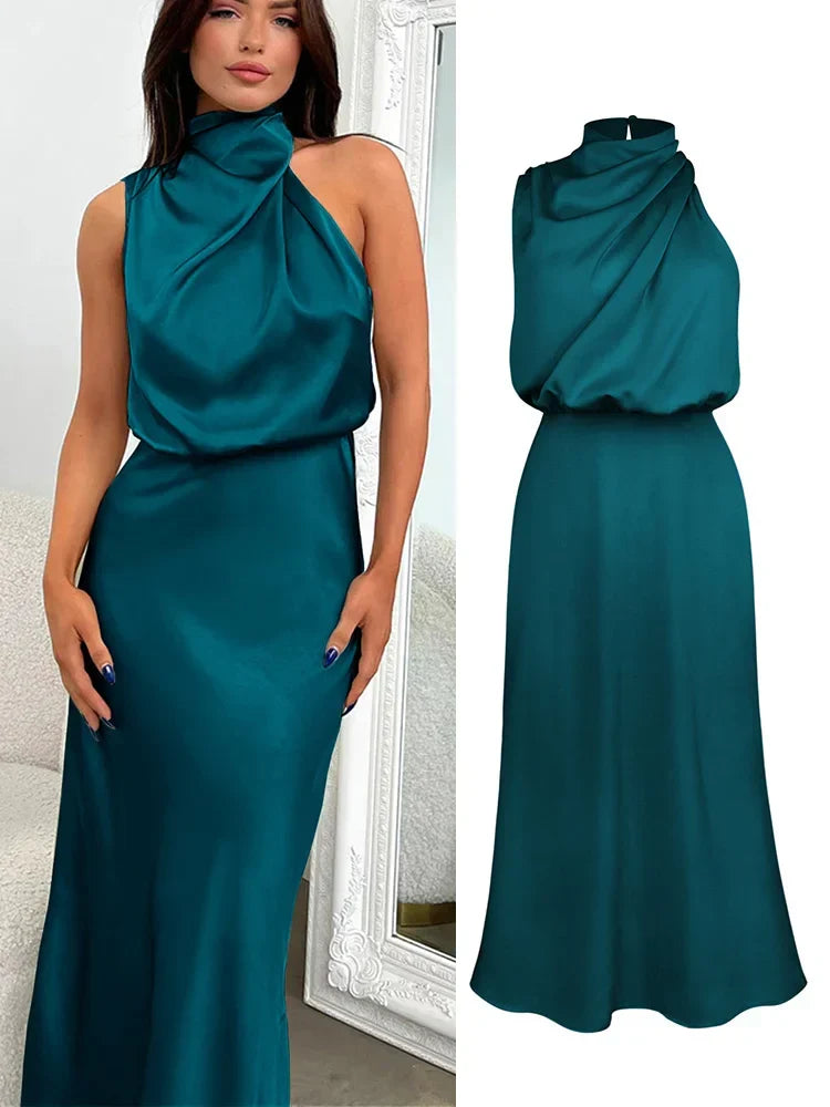 Robe midi satinée bleu canard portée et présentée à plat
