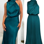 Robe midi satinée bleu canard portée et présentée à plat