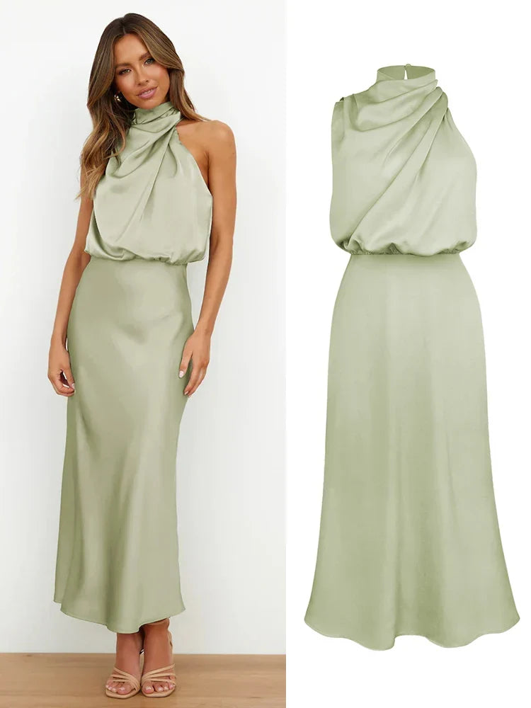 Robe midi satinée vert clair portée et présentée à plat