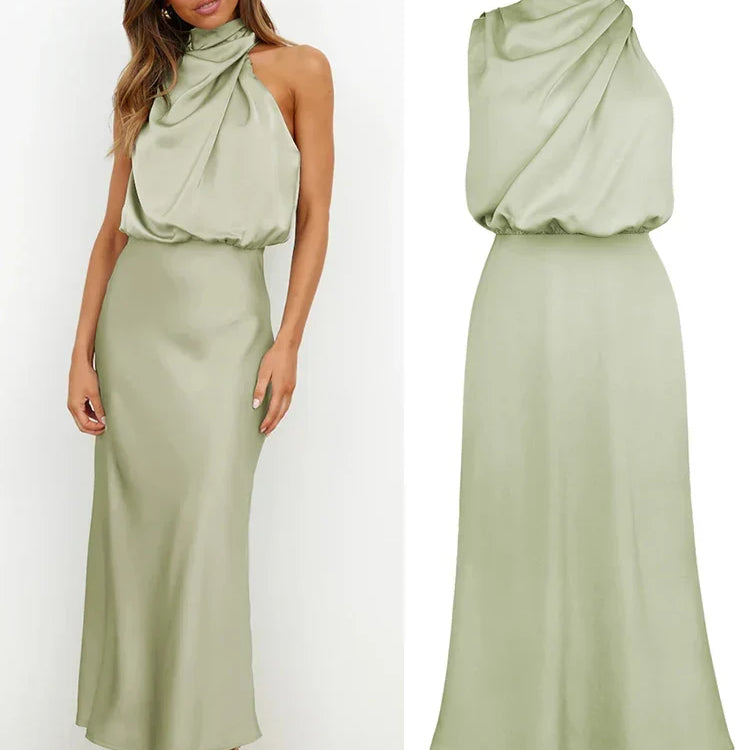 Robe midi satinée vert clair portée et présentée à plat