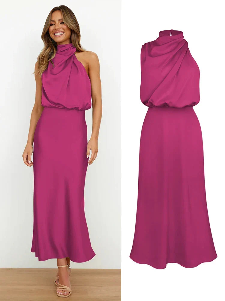 Robe midi satinée rose fuchsia portée et présentée à plat