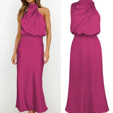 Robe midi satinée rose fuchsia portée et présentée à plat
