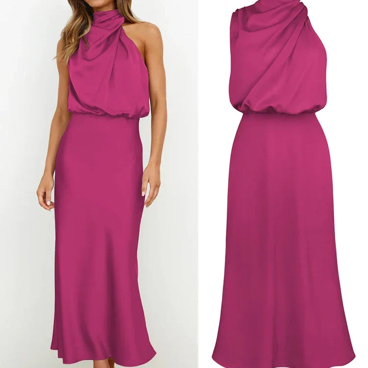 Robe midi satinée rose fuchsia portée et présentée à plat