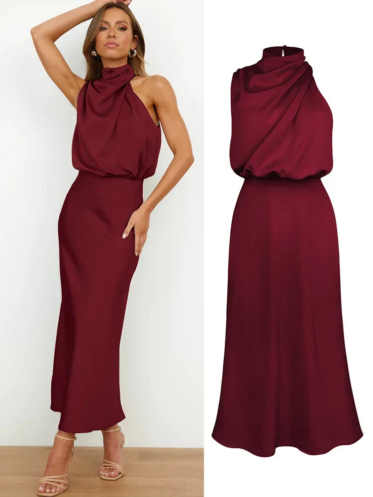Robe midi satinée rouge bordeaux portée et présentée à plat
