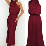 Robe midi satinée rouge bordeaux portée et présentée à plat