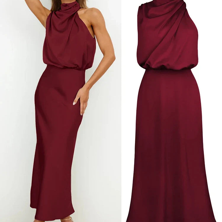 Robe midi satinée rouge bordeaux portée et présentée à plat