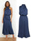 Robe midi satinée bleu marine portée et présentée à plat