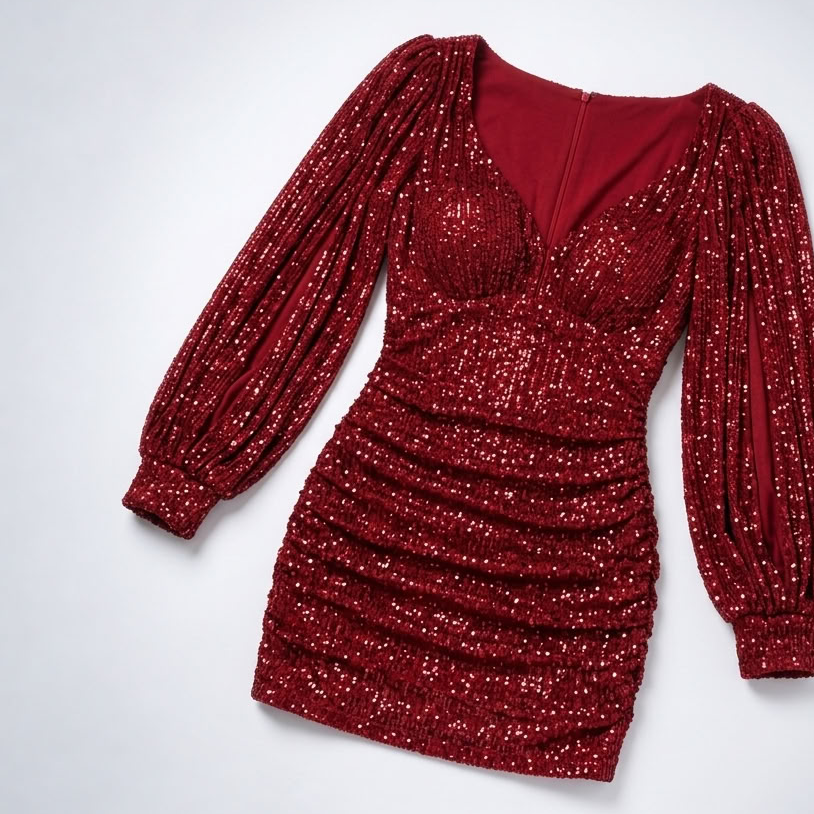 Robe mini rouge à sequins posée à plat