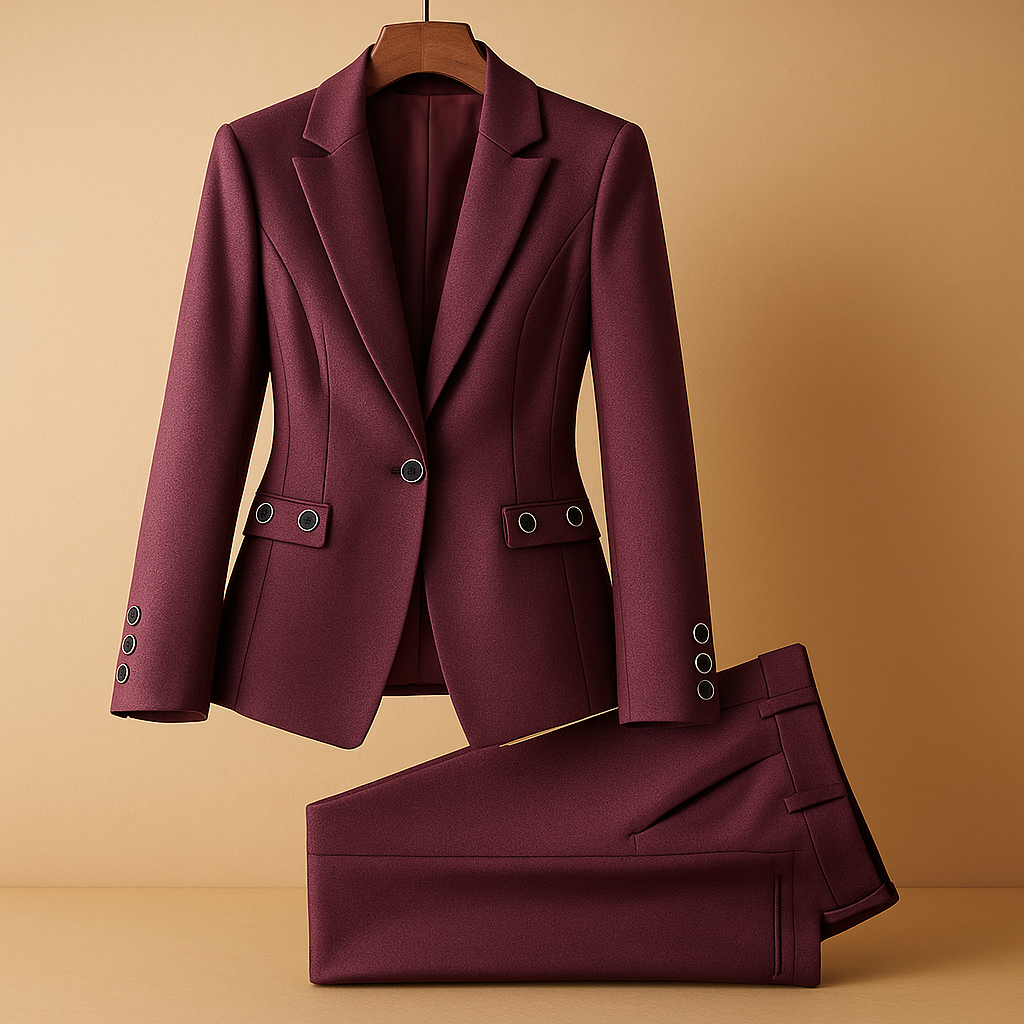 Tailleur pantalon violet présenté sur cintre