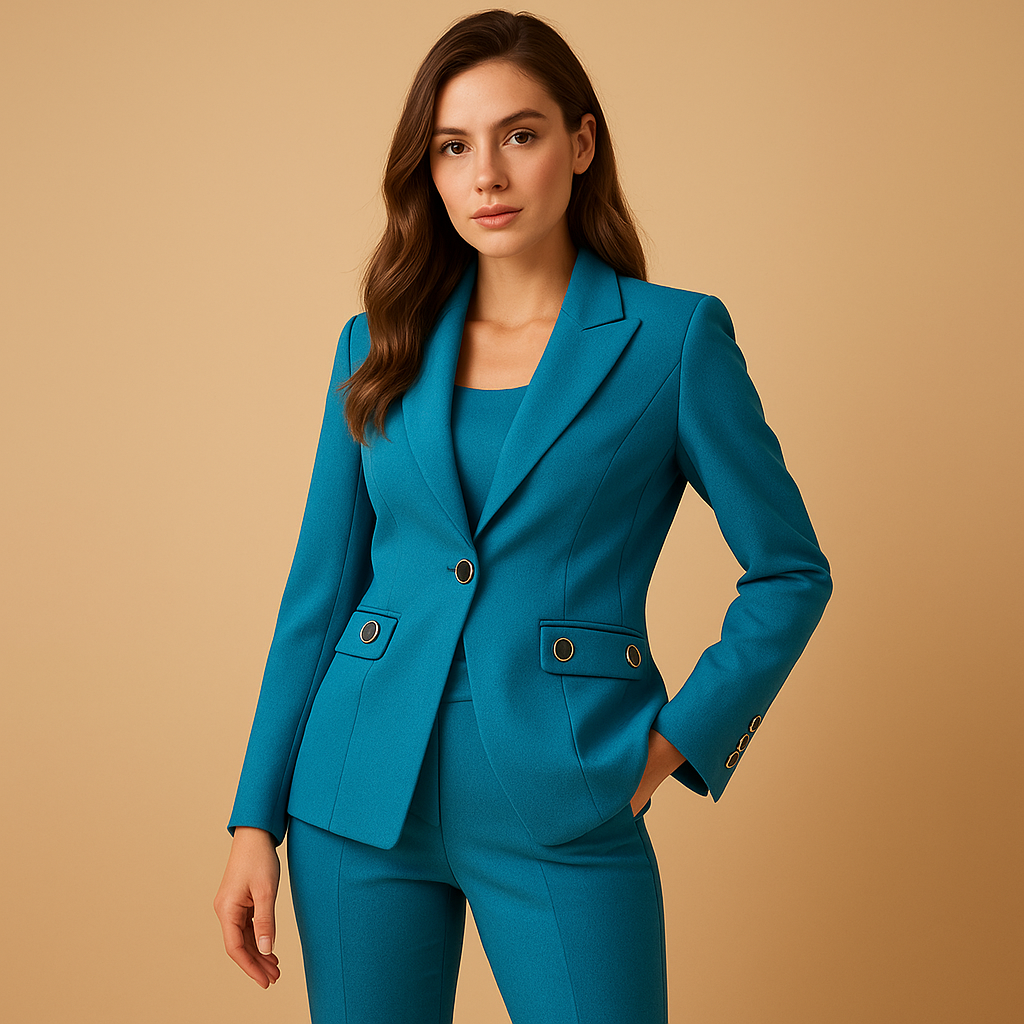 Tailleur pantalon bleu porté, blazer ajusté