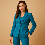 Tailleur pantalon bleu porté, blazer ajusté