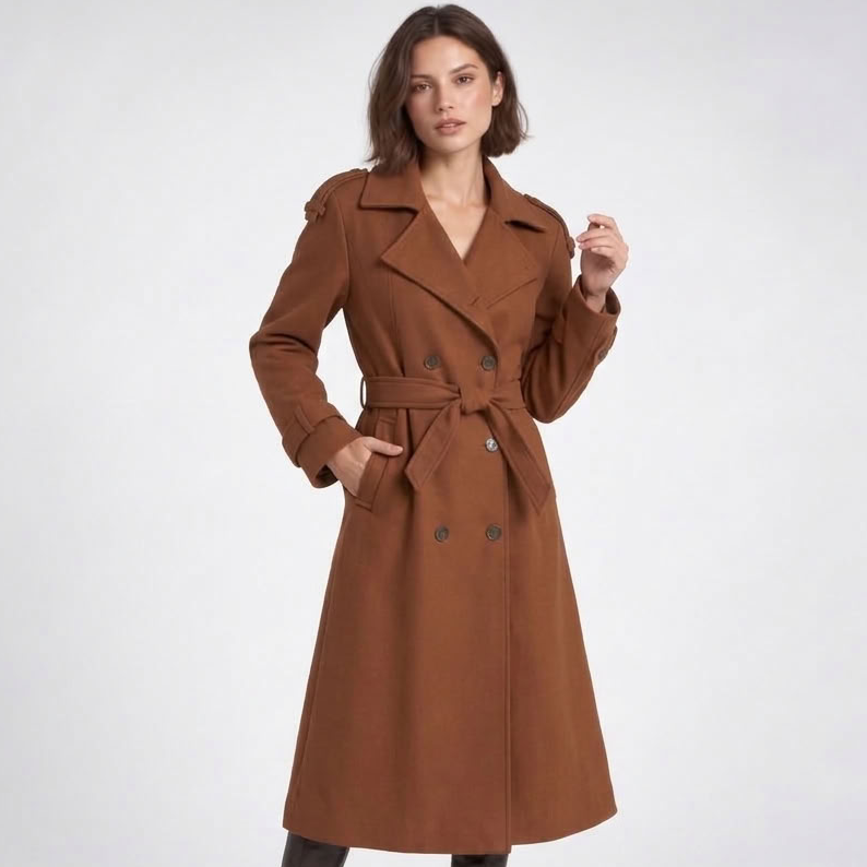 Trench long croisé ceinturé coloris marron