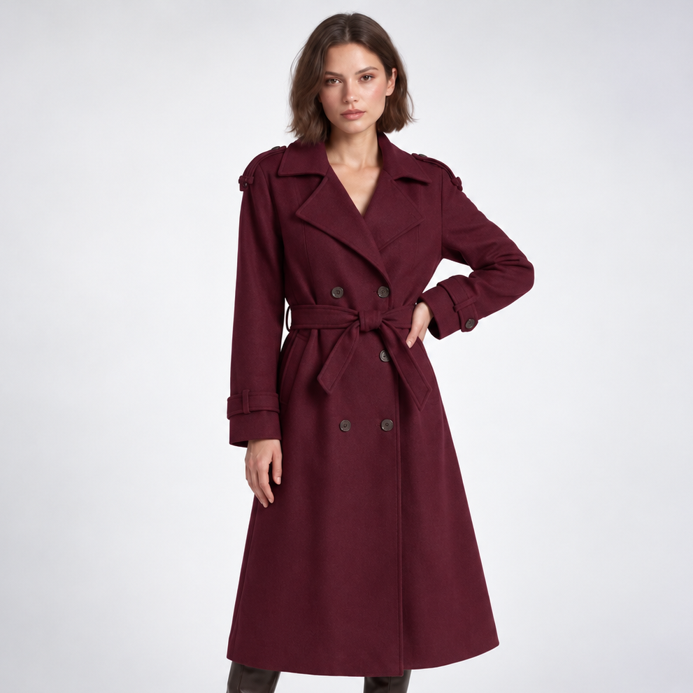 Trench long croisé ceinturé coloris bordeaux
